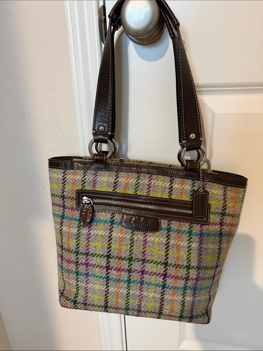 EUC Coach Multicolor Plaid Tote with Brown Leather Handles